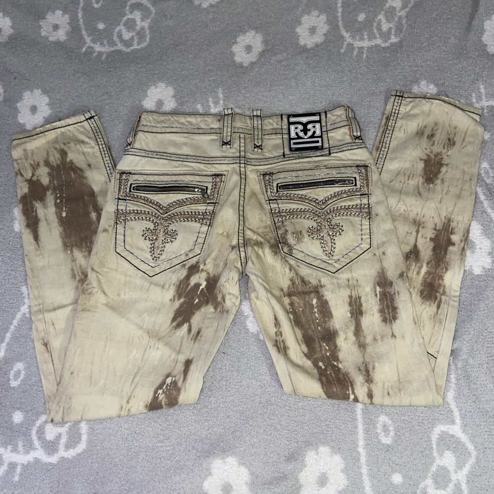 Rock Revival Distressed Beige and Dark Brown Men's Jeans